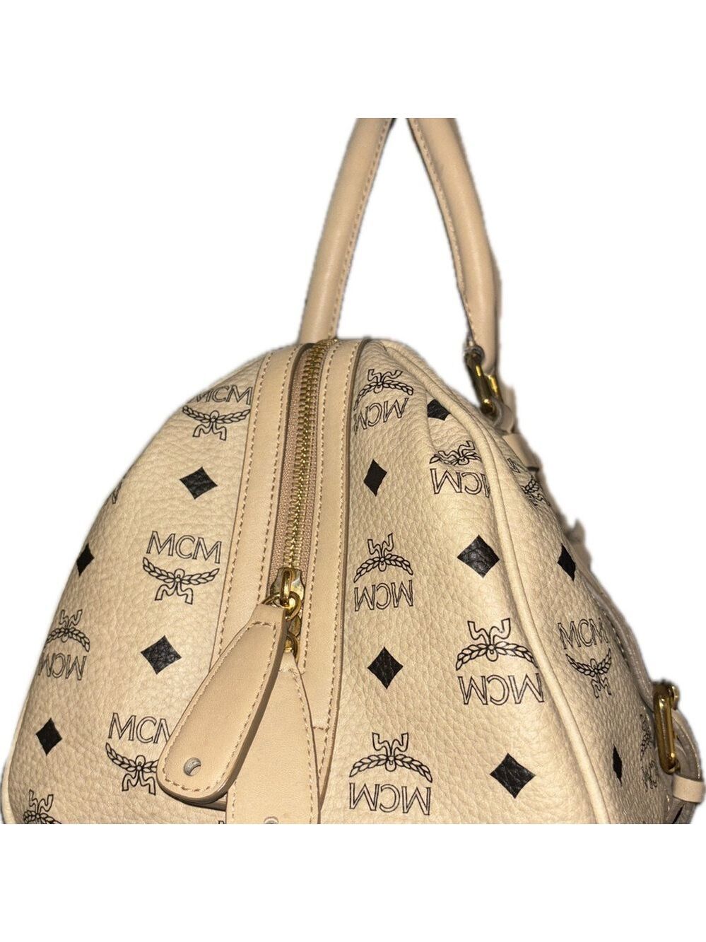 MCM Cream Satchel Bag with Monogram Design - Picture 13 of 16